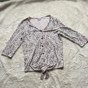 Reitmans Pink Animal Print Tie-Front Blouse | Button-Up 3/4 Sleeve Top